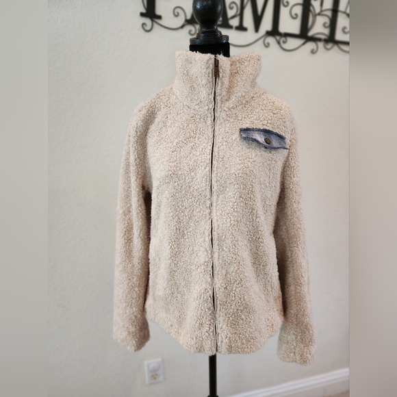 EUC Pendleton Ladies Camel / Creme & Blue Plaid Trim full zip Sweater - Picture 2 of 7